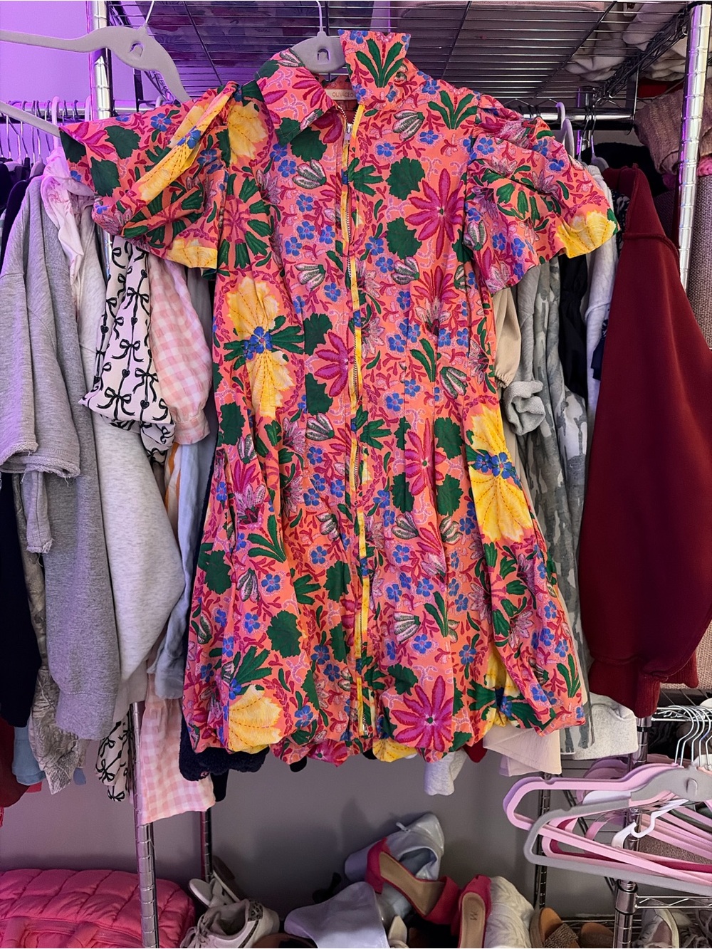 Olivaceous Pink Floral Zip-Front Girls' Dress with Yellow Accents